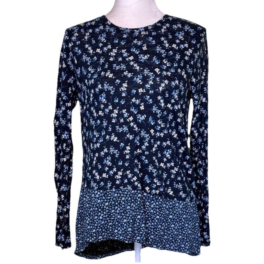 Women's Navy Ditsy Floral Long Sleeve Tunic Top Cozycore Romantic Casual Sz Sm‎